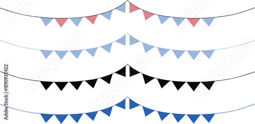  bunting flags garland border on white background. Festive party decoration design for celebrations, events, and invitations. Minimal modern illustration ideal for banners, headers, and cards.