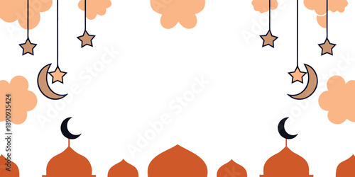 Islamic decorative border with hanging lanterns, stars, and crescent moons. Elegant Ramadan and themed frame design for greetings, invitations, and banners. Festive pastel illustration on clean