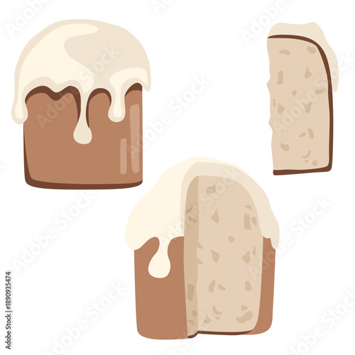 A flat vector illustration of an Easter cake with white icing. A set of whole cakes and cut versions, showing the dough texture. A cute, minimalist style with a warm, pastel color palette.