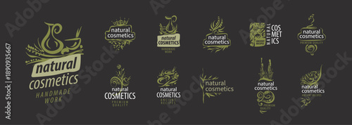 Ecofriendly beauty symbols, Minimalist natural cosmetic branding featuring handcrafted emblems and ecoconscious packaging in earthy colors