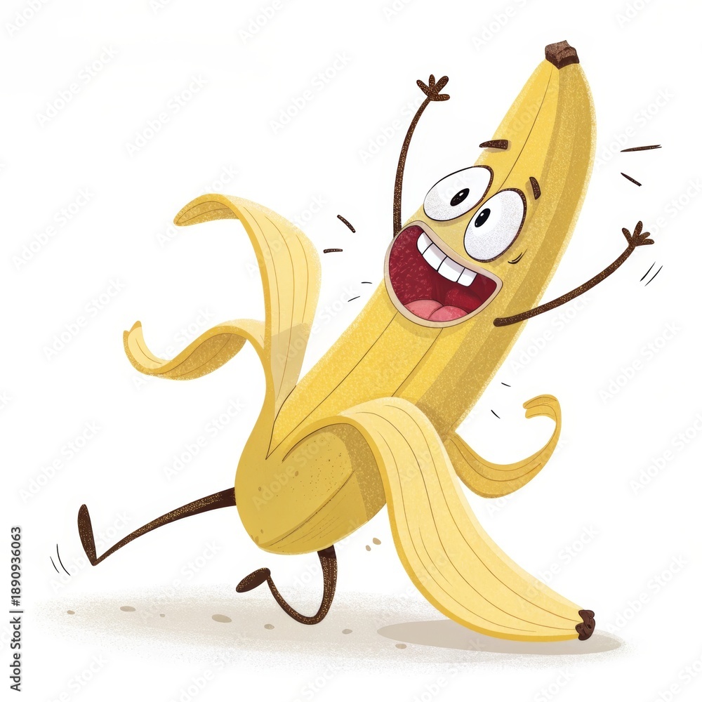Fototapeta premium An Exuberant Cartoon Banana Character Slipping Joyfully on Its Own Peel