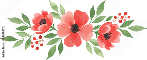 Watercolor illustration of a bouquet of pink poppies with green leaves and red seeds