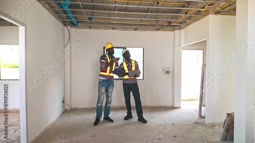 Two construction workers inspect ceiling wiring inside a house under renovation. They wear safety vests and helmets, discussing progress with clipboard and laptop in a real estate development project.