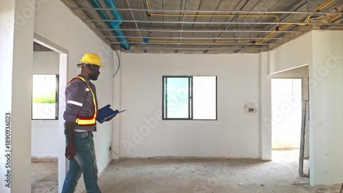 Two construction workers inspect ceiling wiring inside a house under renovation. They wear safety vests and helmets, discussing progress with clipboard and laptop in a real estate development project.