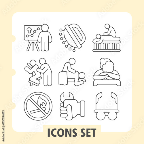 Marketer, masseur, match ban simple icons set depicting leisure, healthcare, lifestyle and daily activities items in outline style for apps and print on white background. Set of nine thin line icons.