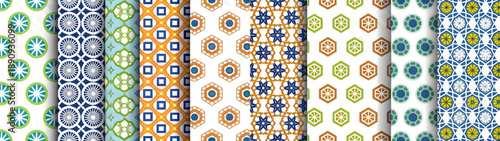 A collection of vibrant and colorful geometric patterns on various tiles