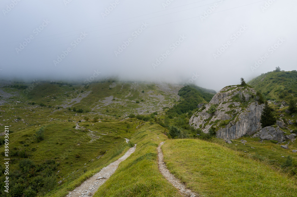 Fototapeta premium A narrow dirt path winds through green alpine hills, passing a prominent rocky outcrop as thick fog blankets the upper slopes under a soft, overcast sky.