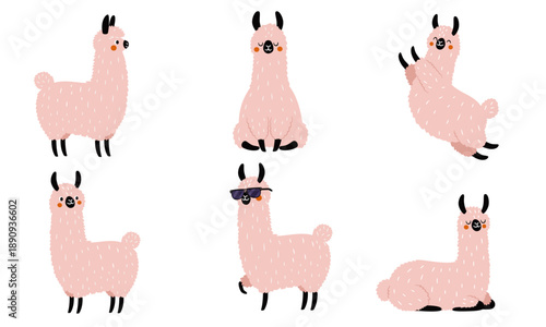 A set of vector illustrations in a simple children's style. Cute llamas in different poses. . Vector illustration