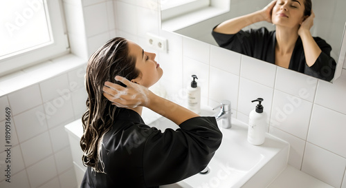 Close up of beautiful young woman washing her hair with shampoo foam in the shower