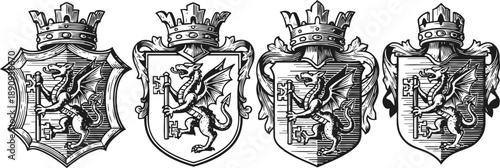 Medieval heraldic shields with crowned griffin holding a key, vintage coat of arms set