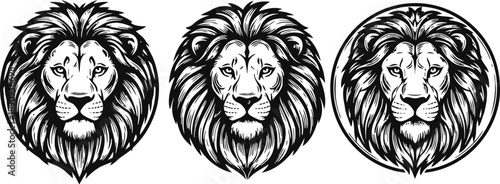 three black and white lion head illustrations with detailed manes and facial features