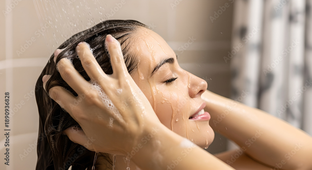 Obraz premium Close up of beautiful young woman washing her hair with shampoo foam in the shower