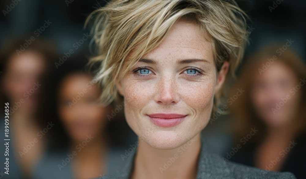 Fototapeta premium Female model with short blonde hair and blue eyes poses confidently in front of blurred background featuring three women, showcasing natural beauty and elegance