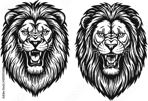roaring lion head illustrations in black and white with detailed mane and fierce expression