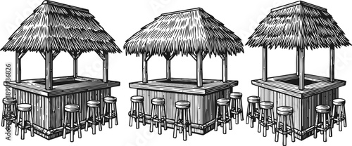 Thatched tiki bar stands with wooden stools and bamboo frames in rustic tropical