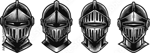 medieval knight helmets collection four detailed armored headgear designs in black and white