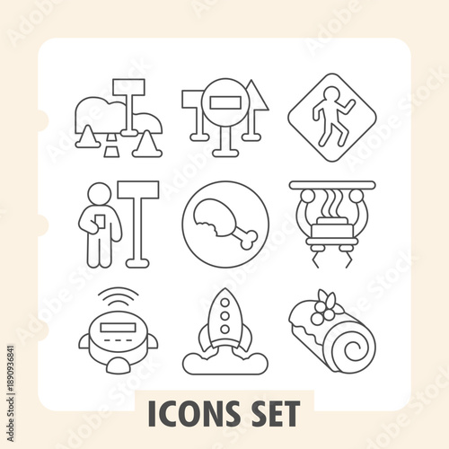 Road work, signpost, robot cleaner simple icons set representing food, traffic, industry and technology items in outline style for apps and print on white background. Set of nine thin line icons.