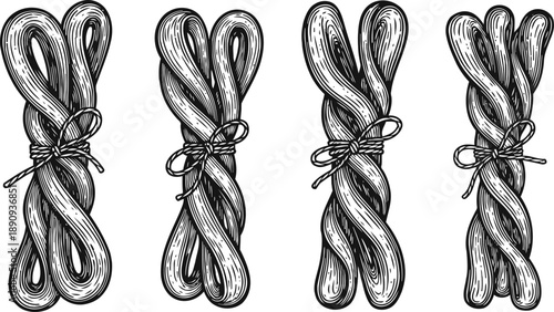 Four bundles of hand drawn licorice sticks tied with string, vintage black and white candy illustration