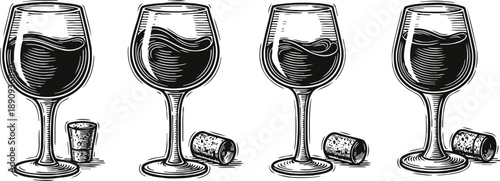 Four hand drawn wine glasses with corks, classic vintage beverage illustration