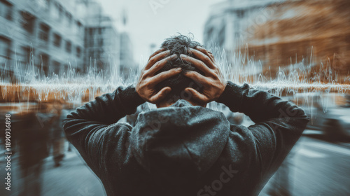 Noise pollution person ear stress city traffic headache anxiety, overwhelmed commuter covering ear amid loud urban street