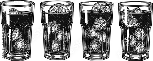Four refreshing glasses of soda with ice cubes and lemon slices, vintage black and white illustration