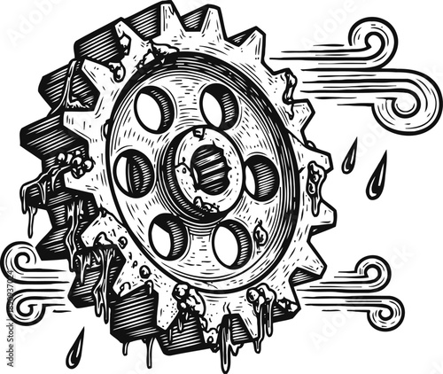 Rusty gear wheel with dripping oil and wind motion lines in vintage engraved