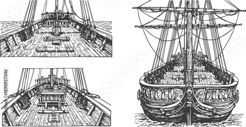 Sailing ship deck and bow views vintage wooden sailing vessel with rigging and masts illustrations