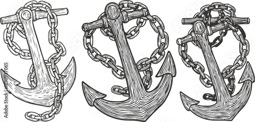 hand drawn marine anchors with coiled heavy chains nautical vintage sketch of metal anchors for ships and boats