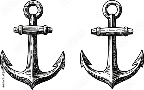 hand drawn vintage anchors nautical maritime symbols, classic ship anchors with ring and flukes detailed vector clipart illustration