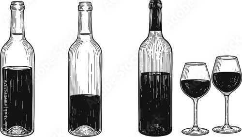hand drawn wine bottles and glasses set red wine poured in different levels inside bottles and filled glasses