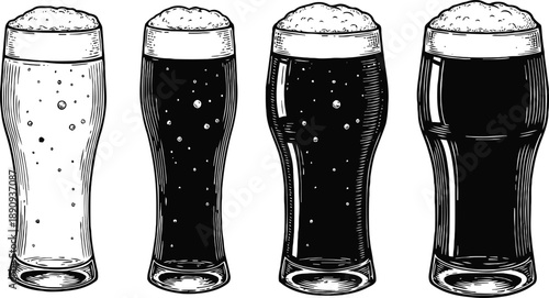Four detailed hand drawn beer glasses filled with light and dark foamy brews, vintage illustration