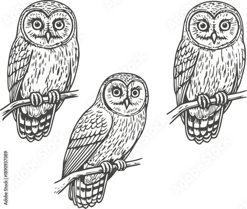 Three detailed hand drawn owls perched on branches with intricate feather patterns and attentive expressions