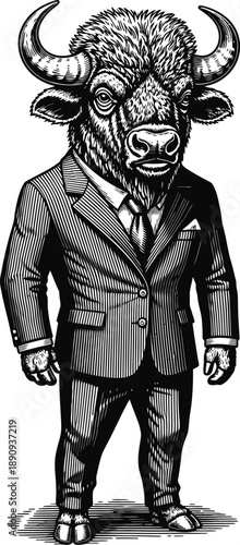 bison in formal suit standing upright, anthropomorphic wild animal character, vintage engraving