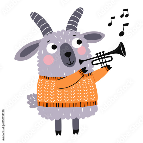 A cute goat in a sweater plays the trumpet. Flat vector illustration in a simple children's style. . Vector illustration
