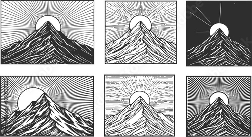 Set of monochrome sun rising behind mountain peaks with radiating rays in vintage engraving