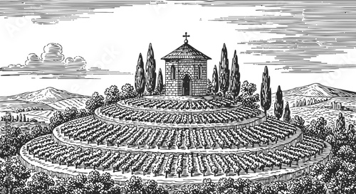 Vintage illustration of terraced vineyard with chapel on hilltop surrounded by trees and mountains