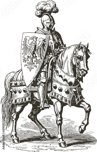 Medieval knight in armor riding horse with ornate shield and plume helmet in vintage engraving