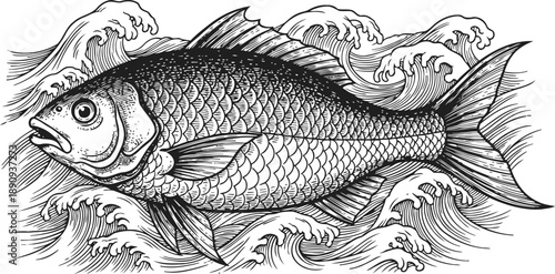 Detailed black and white illustration of fish surrounded by ocean waves, aquatic wildlife concept