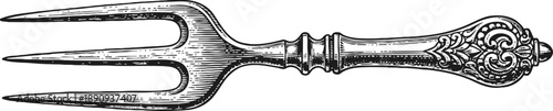 Vintage ornate silver fork with decorative handle, antique cutlery engraved design