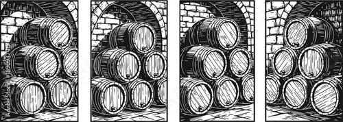 Stacked wooden barrels inside a brick cellar, vintage wine or whiskey storage room illustration