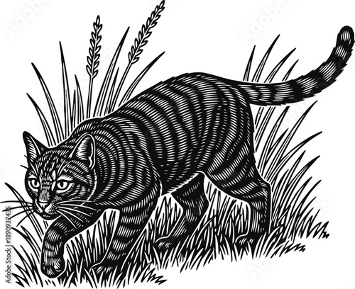 Black striped cat stalking through grass with focused eyes, detailed line art illustration