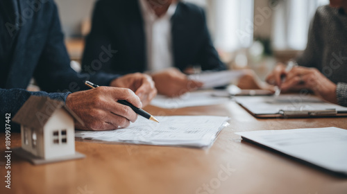 Real estate contract meeting document signature house model business negotiation, hands reviewing paperwork at office table