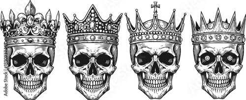 Detailed black and white skulls wearing ornate royal crowns gothic skull illustrations with intricate crown designs, vintage tattoo art concept