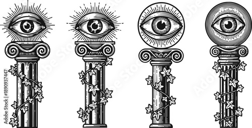 Four vintage columns wrapped in ivy and topped with detailed all seeing eyes with radiant beams
