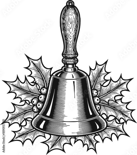 Vintage handbell with holly leaves and berries detailed engraving christmas illustration