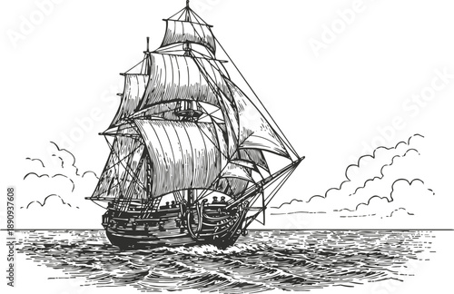 Vintage sailing ship on the ocean with full sails and clouds in the background