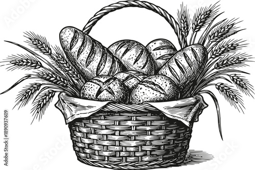 Basket filled with assorted freshly baked breads and wheat stalks in a woven wicker basket