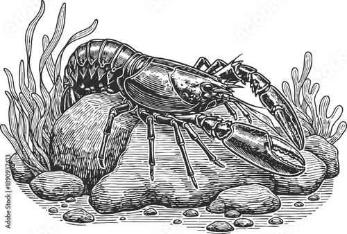 Engraved lobster resting on rocks and seaweed detailed marine life illustration