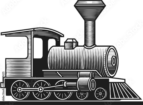 Vintage steam locomotive illustration with smokestack and large driving wheels