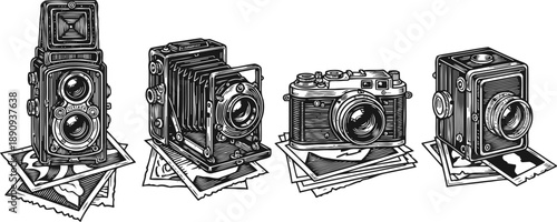 vintage classic cameras collection with old photographs, black and white hand drawn illustrations